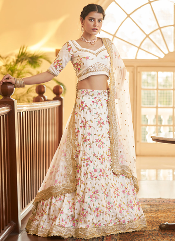 Designer Chinon Silk Multi Embroidery Work White Lehenga Choli